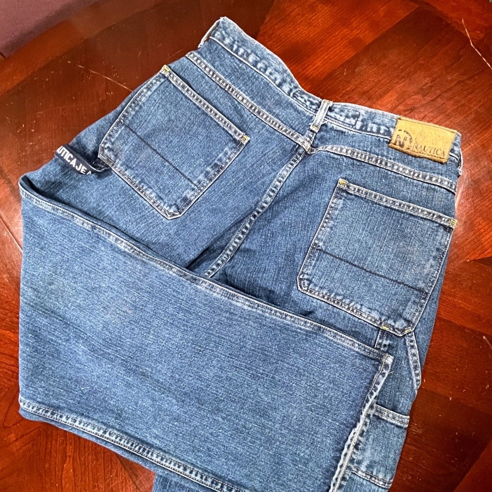 Nautica Jeans Co Men Carpenter Pants Blue Denim Relaxed Fit 34x29.5 Vintage Flaw